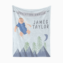 Load image into Gallery viewer, Adventure Awaits Baby fleece blanket personalized
