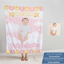 Load image into Gallery viewer, Baby girl with name personalized throw blanket
