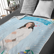 Load image into Gallery viewer, Baby shower fleece blanket personalized Adventure Awaits Baby
