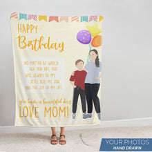 Load image into Gallery viewer, Hand drawn photo fleece blanket for a birthday personalized gift

