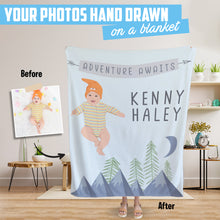 Load image into Gallery viewer, Custom drawn throw blanket Adventure Awaits Baby
