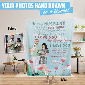 Custom hand drawn photo fleece blanket of your husband