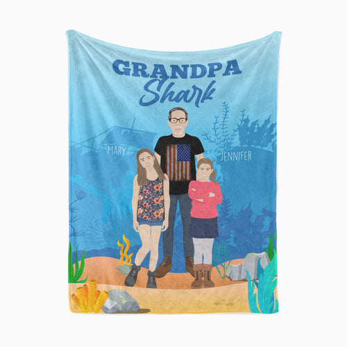 Hand drawn photo grandpa shark blanket personalized