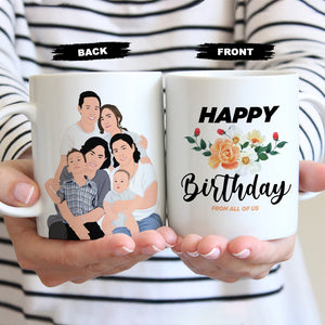 Happy Birthday Family Coffee Mug with Drawing