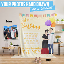 Load image into Gallery viewer, Happy Birthday custom hand drawn photo throw blanket
