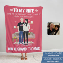 Load image into Gallery viewer, Thank you to my wife hand drawn photo throw blanket
