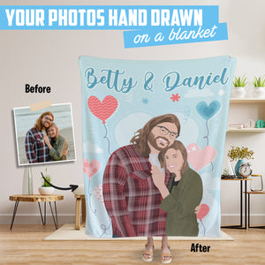 Custom hand drawn couples and name fleece blanket personalized